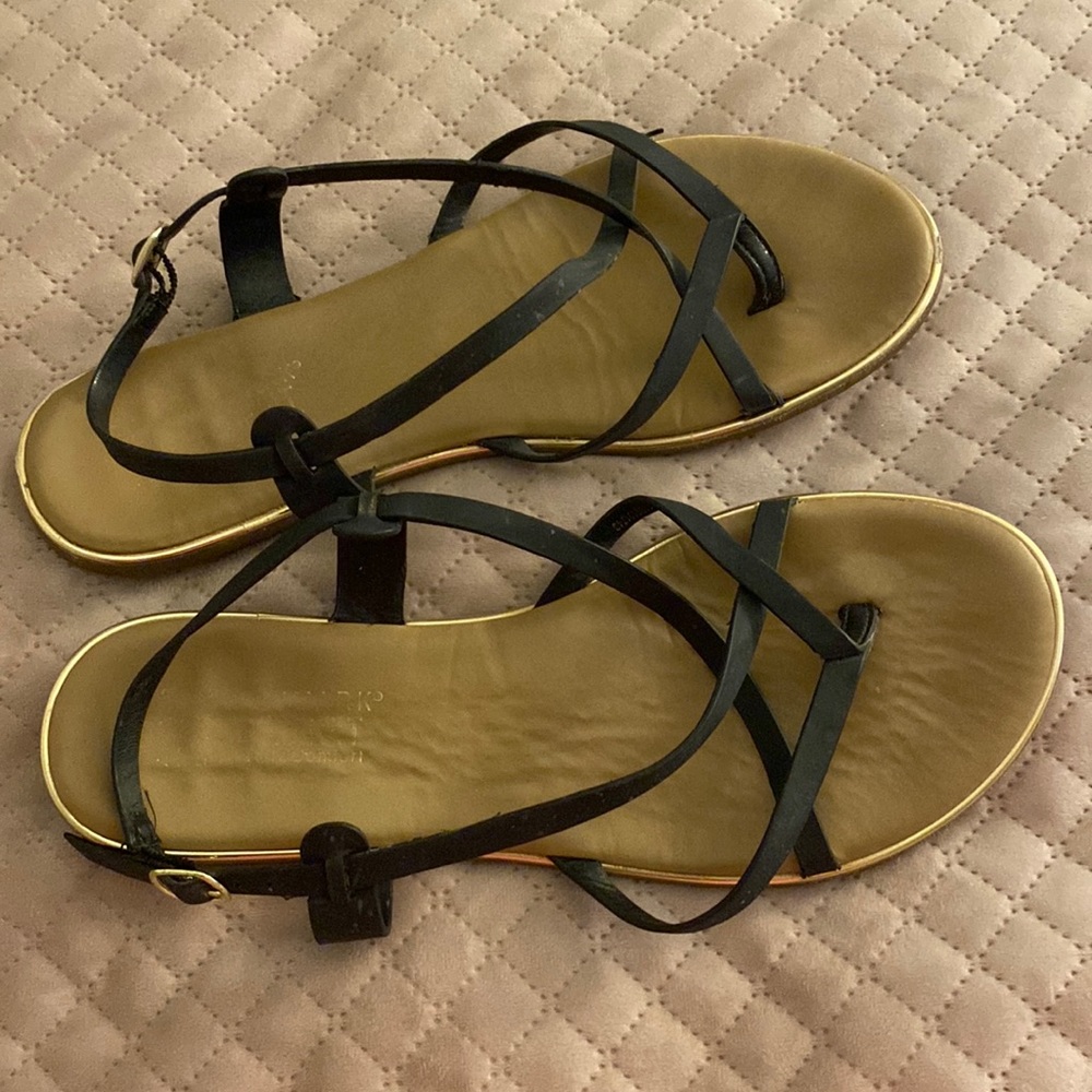 Black strappy sandals with gold edge